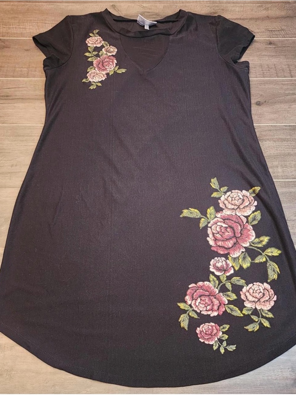 Bobbie Brooks BlackDress with Embroidered Pink Rose Appliqué